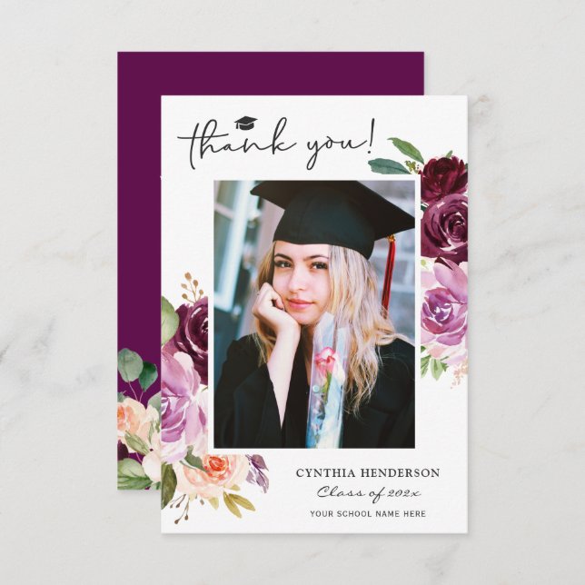 Elegant Purple Blush Floral Graduation Photo Thank You Card (Front/Back)