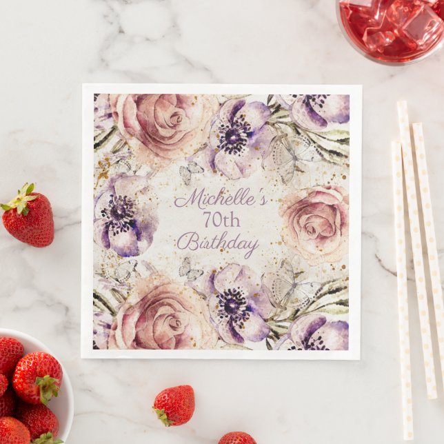 Elegant Purple Blush Pink 70th Birthday Party Napkin (Insitu)