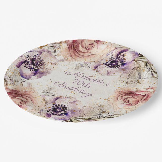 Elegant Purple Blush Pink 70th Birthday Party  Paper Plate (Angled)
