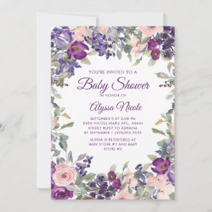 Elegant Purple Blush Pink Floral Baby Shower Invitation