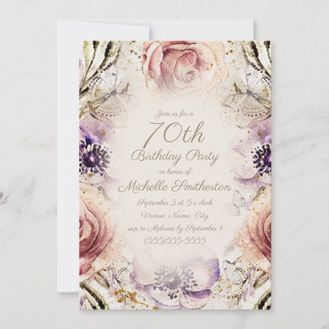 Elegant Purple Blush Pink Script 70th Birthday Invitation (Front)