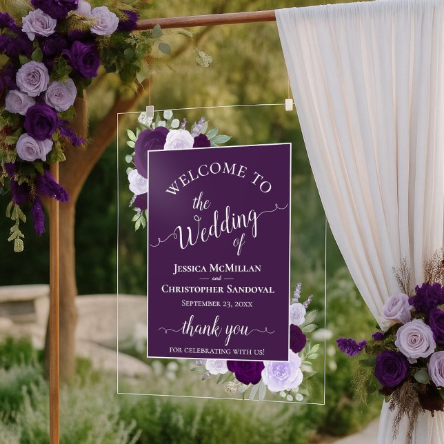 Elegant Purple Boho Chic Roses Wedding Welcome Acrylic Sign (Creator Uploaded)