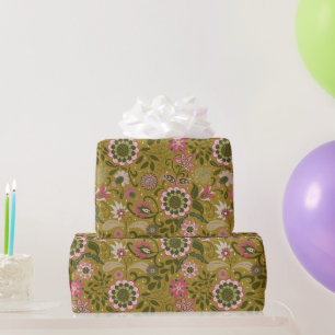 Elegant Purple Boho Flowers on Mustard Yellow Wrapping Paper