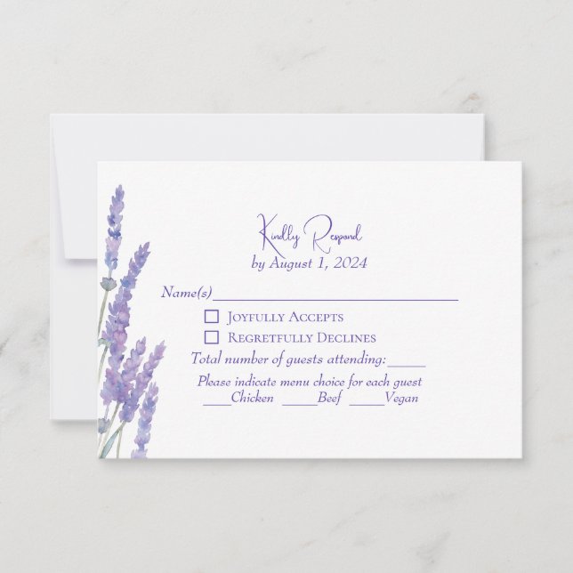Elegant Purple Boho Lavender Flowers Wedding RSVP Card (Front)