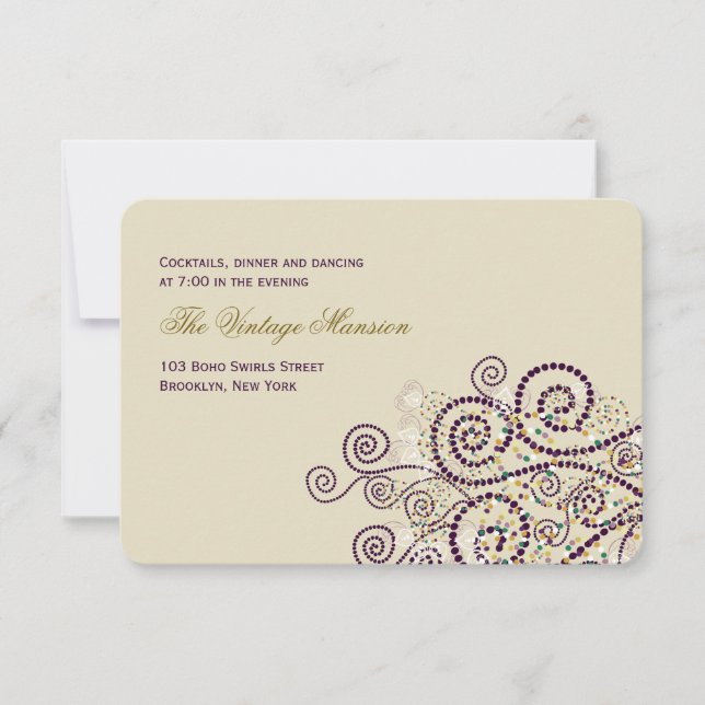 Elegant Purple Boho Spirals Wedding Reception Invitation (Front)