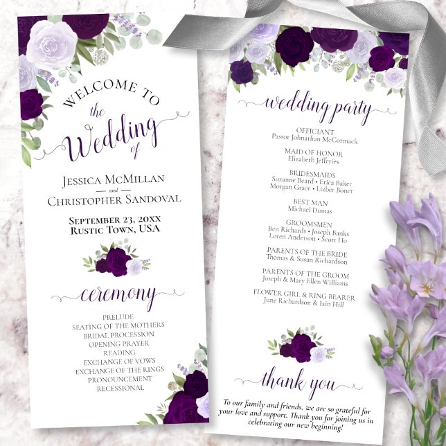Elegant Purple Boho Watercolor Floral Wedding Programme (Front and Back)