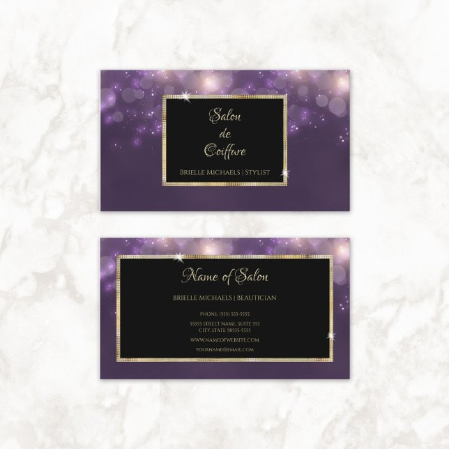 Elegant Purple Bokeh Salon Black and Gold Frame Business Card (Elegant Purple Bokeh Salon Black and Gold Frame Business Cards)
