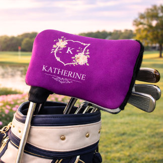 Elegant Purple Botanical Crest Feminine Monogram Golf Head Cover