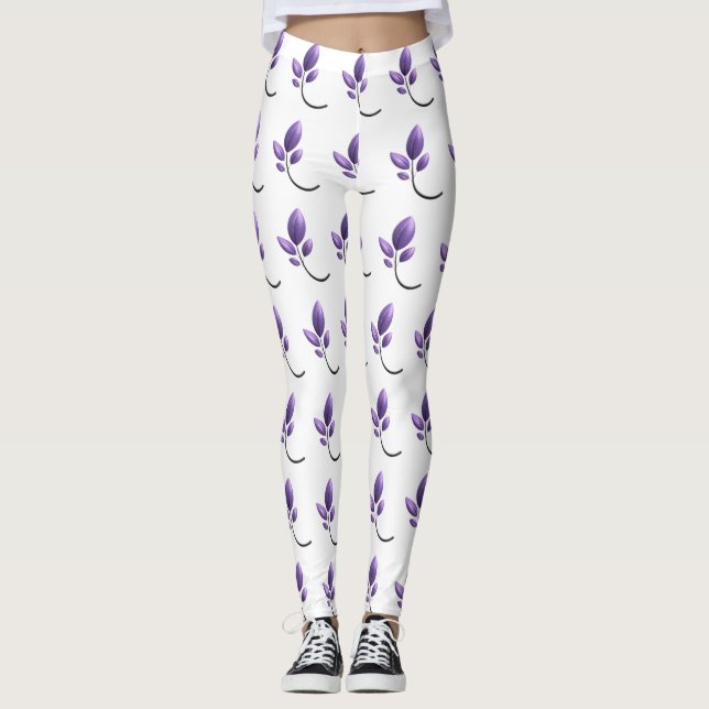 Elegant Purple Botanical Pattern Leggings (Front)