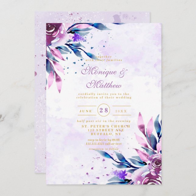 Elegant Purple Botanical Peony Gold Wedding Invitation (Front/Back)
