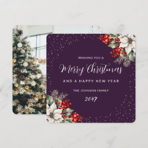Elegant Purple Botanical Photo Christmas New Year Holiday Card