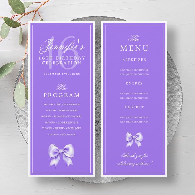 Elegant Purple Bow 16th Birthday Program Menu  Invitation (Elegant Purple Bow 16th Birthday Program Menu )