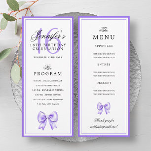 Elegant Purple Bow 16th Birthday Program Menu Invitation