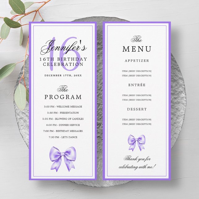 Elegant Purple Bow 16th Birthday Program Menu  Invitation (Elegant Purple Bow 16th Birthday Program Menu )