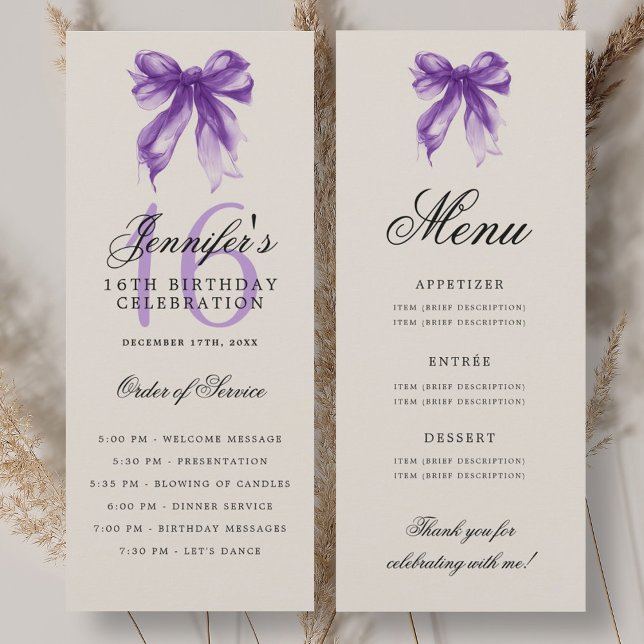 Elegant Purple Bow 16th Birthday Program Menu Invitation (Elegant Purple Bow 16th Birthday Program Menu)