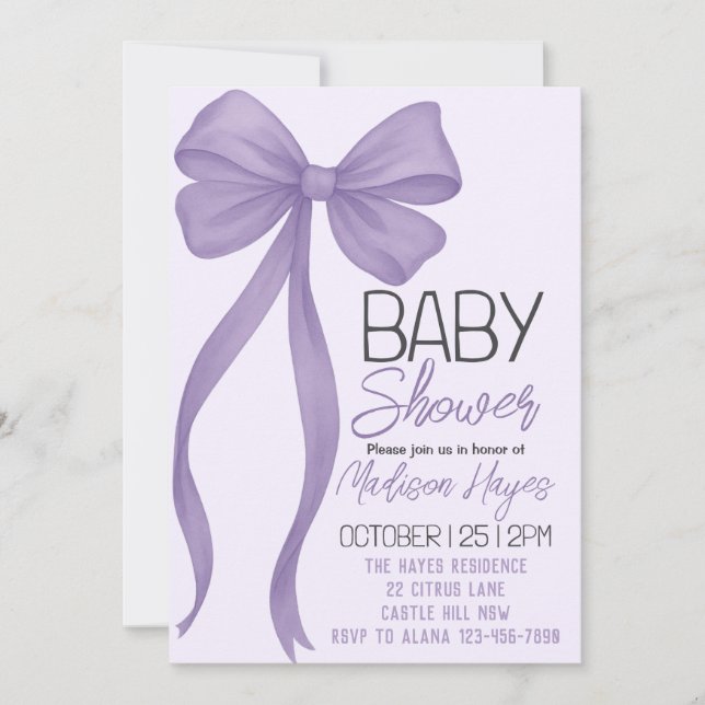 Elegant Purple Bow Baby Shower Invitation (Front)