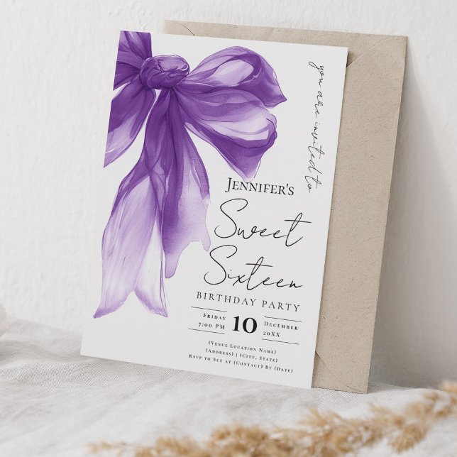 Elegant Purple Bow Coquette Script Sweet 16 Party  Invitation (Elegant Purple Bow Coquette Script Sweet 16 Party Invitation)