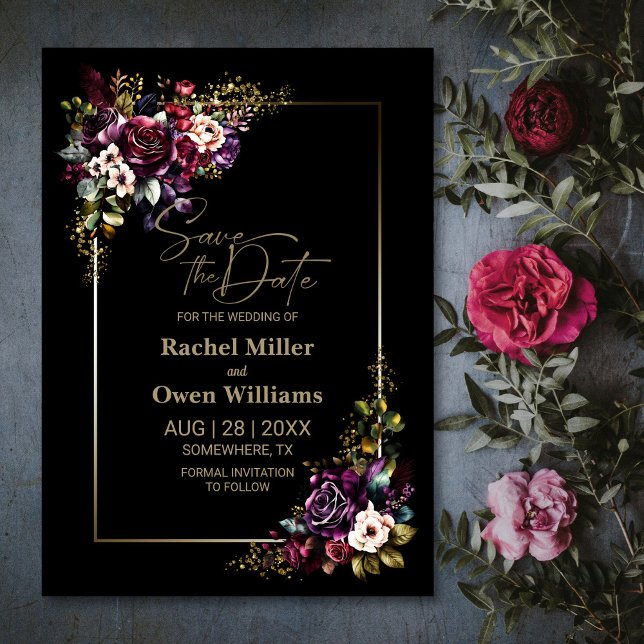 Elegant Purple Burgundy Black Floral Wedding Save The Date (Creator Uploaded)
