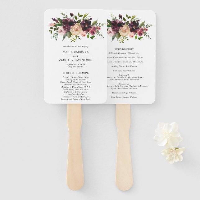 Elegant Purple Burgundy Floral Wedding Program Hand Fan (Front and Back)
