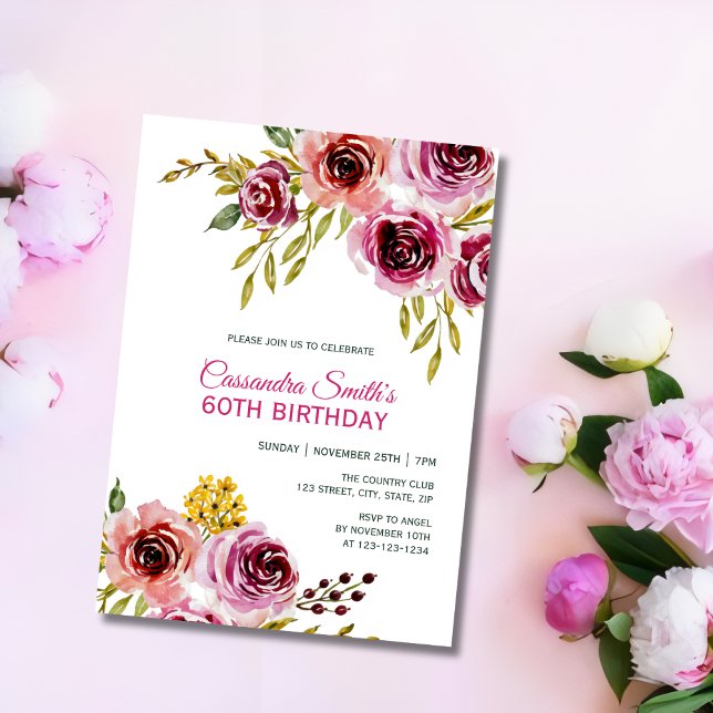 Elegant Purple Burgundy Rose Floral Birthday  Invitation (Creator Uploaded)