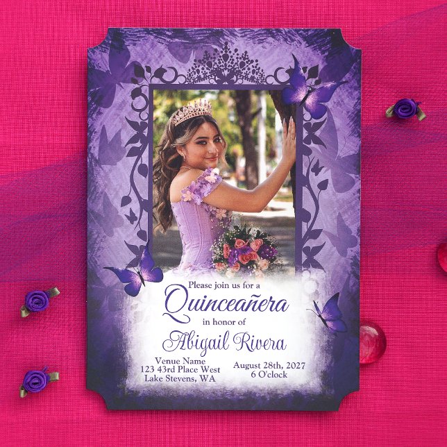 Elegant Purple Butterflies Quinceanera Princess Invitation (Elegant Purple Quinceanera Invitation with Decorative Butterfly Photo Frame, Digital Sharing Invite)