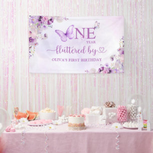 Elegant Purple Butterfly 1st Birthday Party Banner