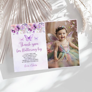 Elegant Purple Butterfly 1st Birthday Photo Thank You Card