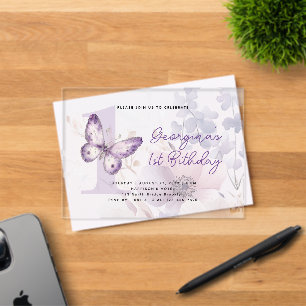 Elegant Purple Butterfly Floral First Birthday Acrylic Invitations