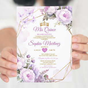Elegant Purple Butterfly Lilac & Gold Quiñceanera Invitation