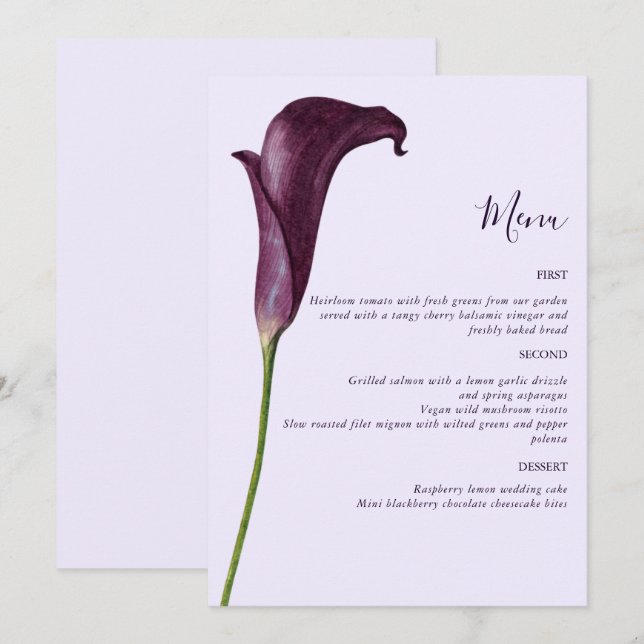 Elegant Purple Calla Lily Flower Wedding Menu (Front/Back)