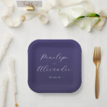 Elegant Purple Calligraphy Paper Plate<br><div class="desc">This elegant wedding plate features a sophisticated design with a deep purple background and light cream text. The layout is minimalistic, showcasing two names in an elegant cursive script connected by the word "AND" in uppercase letters, followed by a date in a clean sans-serif font. The typography creates a refined...</div>