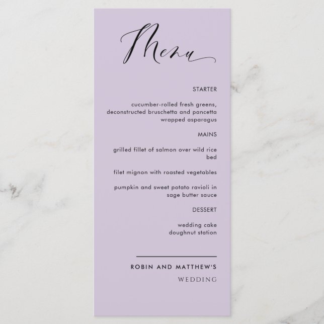 Elegant Purple, Calligraphy Wedding / Reception  Menu (Front)