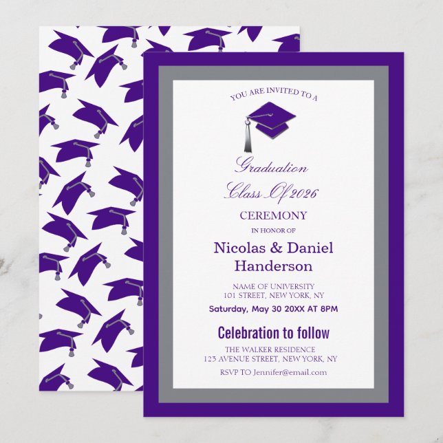 Elegant purple caps graduation ceremony invitation (Front/Back)