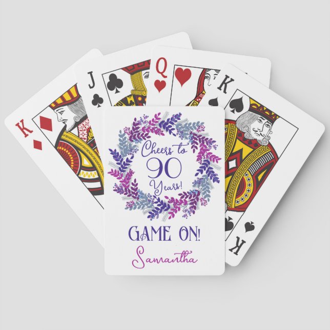 Elegant Purple Cheers to 90 Years Birthday Party Playing Cards (Back)