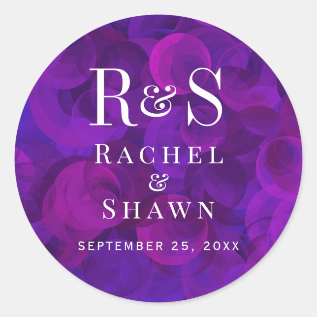 Elegant Purple Chic Modern Monogram Wedding Classic Round Sticker (Front)