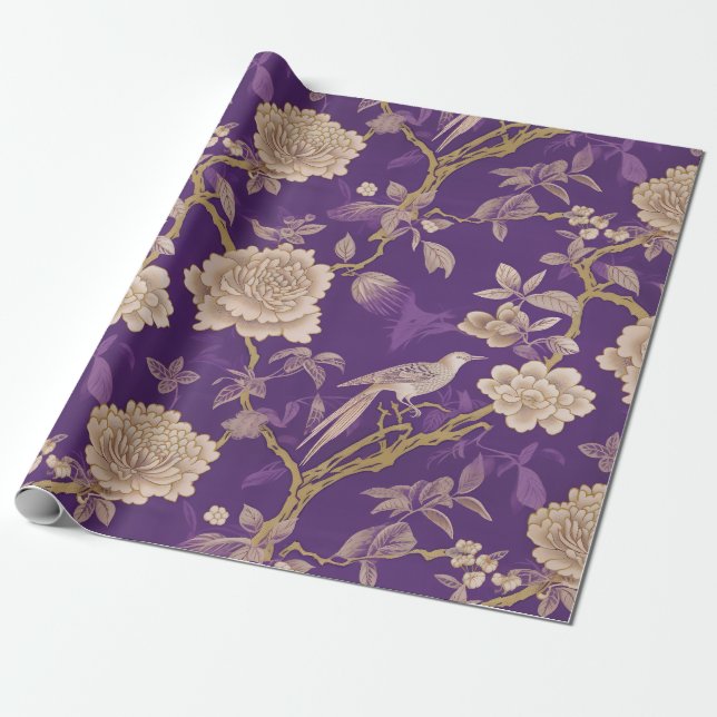 Elegant purple chinoiserie wrapping paper (Unrolled)