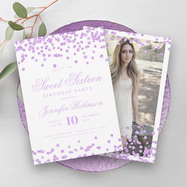 Elegant Purple Confetti Photo Sweet 16   Invitation (Elegant Purple Confetti Photo Sweet 16 Invitation)