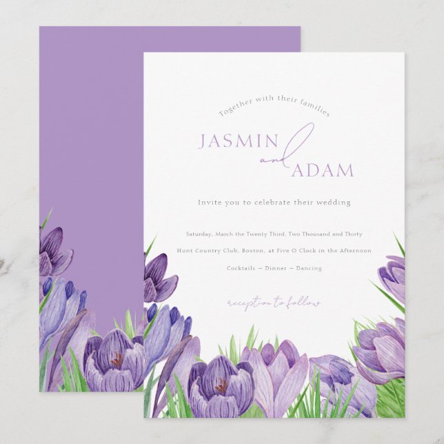Elegant Purple Crocus Spring Floral Wedding Invitation (Front/Back)