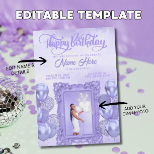 Elegant Purple Custom Photo Teen Birthday Invitation