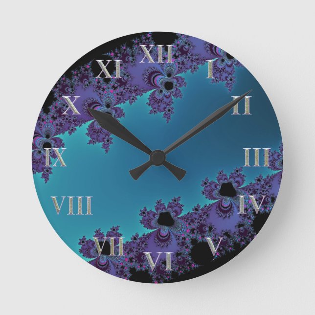Elegant Purple Cyan Fractal Collection Round Clock (Front)