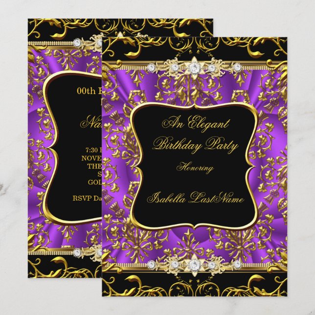 Elegant Purple Damask Black Gold Birthday Party Invitation (Front/Back)