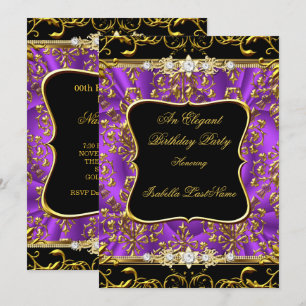 Elegant Purple Damask Black Gold Birthday Party Invitation