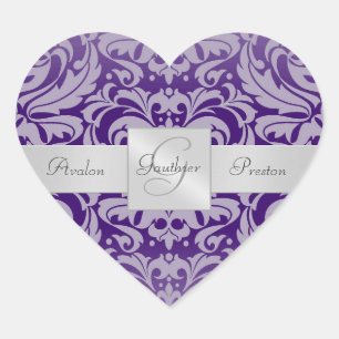 Elegant Purple Damask Heart Wedding Sticker