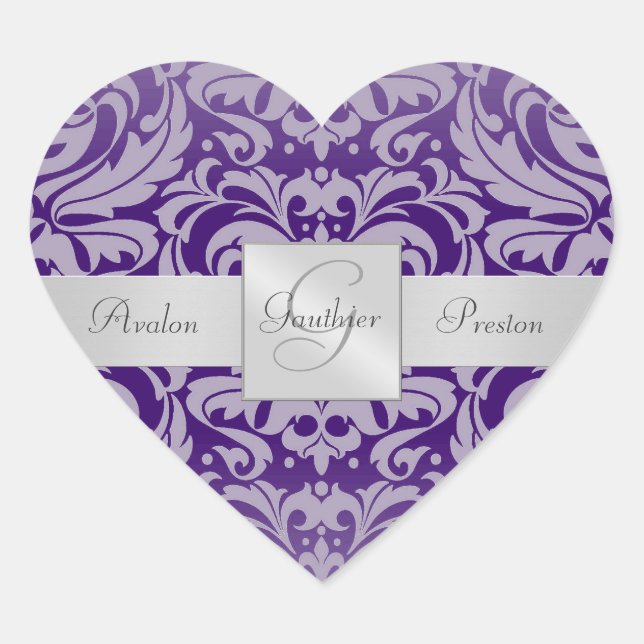 Elegant Purple Damask Heart Wedding Sticker (Front)