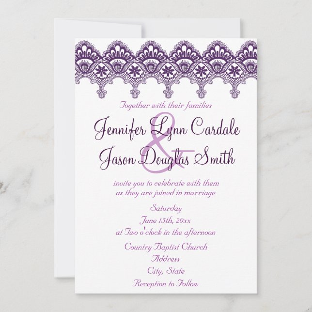 Elegant Purple Damask Lace Wedding Invitations (Front)