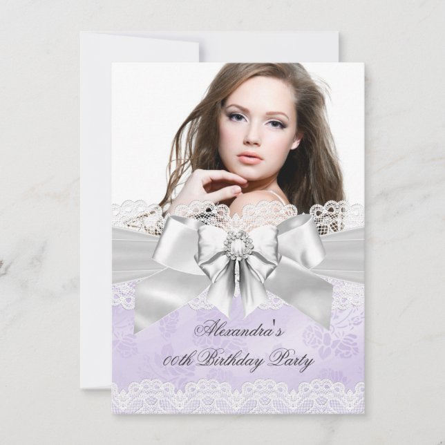 Elegant Purple Damask Silver Photo Birthday Party Invitation (Front)