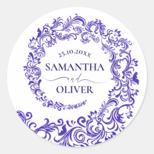 Elegant Purple Damask Wedding Classic Round Sticker