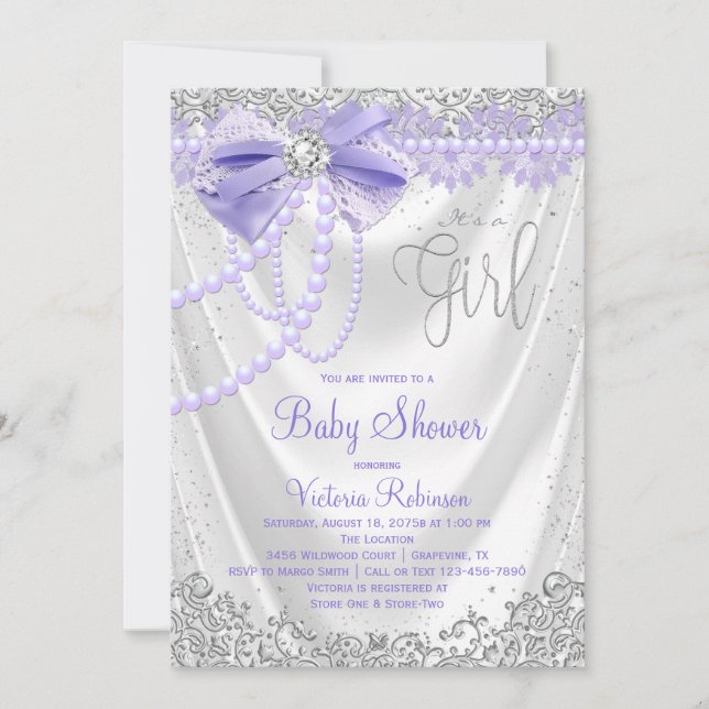 Elegant Purple Diamond Pearl Girly Baby Shower Invitation (Front)