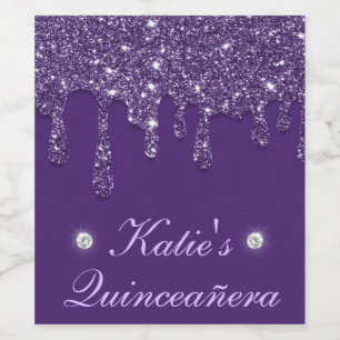 Elegant Purple Dripping Glitter Quinceanera Wine Label