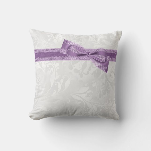 Elegant Purple Faux Bow & Ribbon & Damask Cushion (Front)